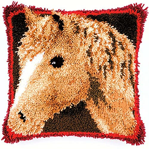 XUJINGJIE Knüpfteppich Knüpfkissen Zum Selber Knüpfen DIY Knüpfset Kissenbezug Mit Bedrucktem Leinwandmuster Für Kinder Erwachsene, Pferd, 42X42cm