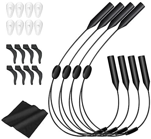 MoKo Einstellbare Brillenband, 4 Pack Brillenbänder mit Mikrofasertuch und 4 Paar Brillenbügelhaken 4 Paar Silikon Nasenpads, Brillenzubehör für Sport & Freizeit - Schwarz