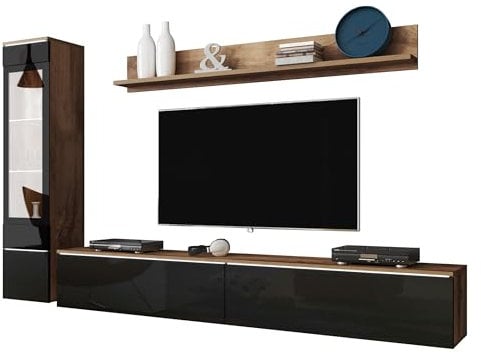 Mirjan24 Wohnwand Doppo I, Schrankwand, griffloses Öffnen, Fernsehschrank, Anbauwand, Mediawand, Wandregal, TV-Lowboard, Hängevitrine (Wotan/Schwarz Hochglanz, mit weißer LED Beleuchtung)