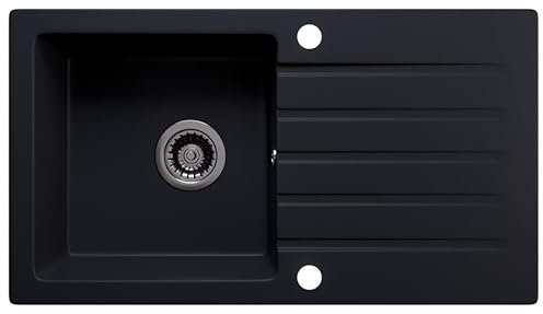 Rein Schwarz LINDBERGH® Granit Spüle MEG44 + Siphon Einbauspüle Küchenspüle Spülbecken + DREHEXCENTER - Verbundstoffe MADE IN GERMANY (6. Spüle MEG44)