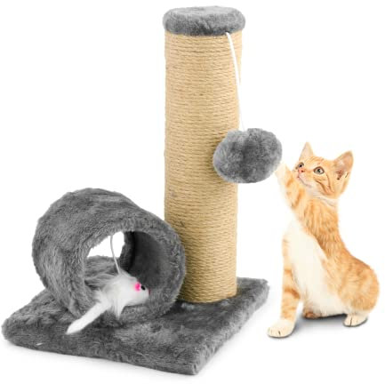 KCT Grey Kitten Scratching Scratch Post Activity Play Tunnel Cat Scratching Post Sisal Tree Toy
