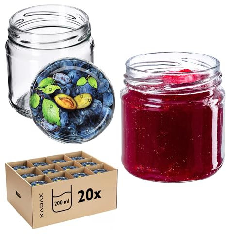 KADAX Lot de 20 petits pots de confiture 200 ml Fi66 mm pour miel et épices, pots hermétiques, bocaux hermétiques, bocaux, pots de conserve, verres ronds (pruneaux)