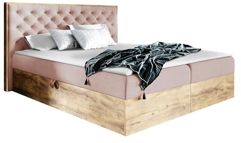 Mirjan24 Boxspringbett Worik III, Polsterbett mit 2 Bettkästen + Springaufbeschlag, Bett mit Polsterkopfteil, Doppelbett mit Topper und Matratze, Bettgestell (Eiche Wotan + Faro 14, 180 x 200 cm)