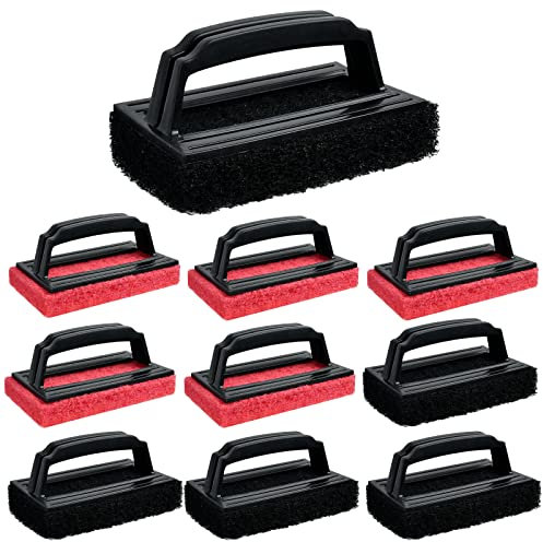 Aemygo Kit de limpieza de parrilla con asa, 10 piezas de limpiador de plancha resistente, almohadillas de estropajo, cepillo de hierro fundido para piedra negra, horno, cocina, bañera