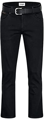 Wrangler Texas Stretch Herrenjeans mit Gürtel in schwarz oder braun (W34/L32, Blackoverdye + schwarzer Gürtel)