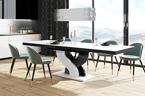 Design Esstisch HEB-111 Weiß Hochglanz/Schwarz Hochglanz ausziehbar 160 cm bis 256 cm Esszimmertisch für bis zu 10 Personen Hochglanz Funktionstisch modern vielseitig Esszimmer erweiterbar zeitlos