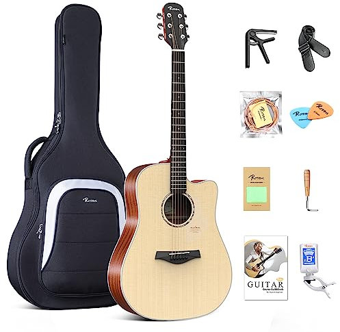 Rosen N10 Akustikgitarre für Anfänger Erwachsene Full Size Dreadnought Solid Spruce Top Acustica Guitarra Bundle Kit mit Gig Bag Tuner Strap Strings Capo Picks Cleaning Cloth, Natural