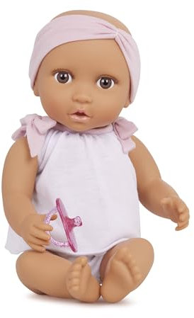 LullaBaby – Baby Puppe mit Puppenkleidung – Honig Hautton & braune Augen – 36 cm Babypuppe Weichkörper – Stirnband & Schnuller – Spielzeug für Kinder ab 2 Jahren – Rosa Stirnband