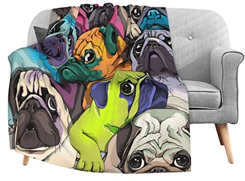 Bunte Mops-Hundedecke, weich, 101,6 x 127 cm, leichte Flanell-Fleecedecke für Couch, Bett, Sofa, Reisen, Camping, für Kinder und Erwachsene