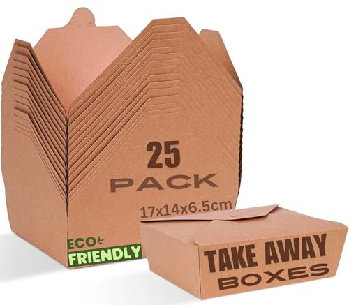 HURUC Kraft Paper Takeaway Boxes 337 GSM – 100% Compostable, Eco-Friendly Food Containers for Takeout & Meal Prep, Disposable and Recyclable Packaging for Restaurants & Cafes (Pack of 25-1420ml)