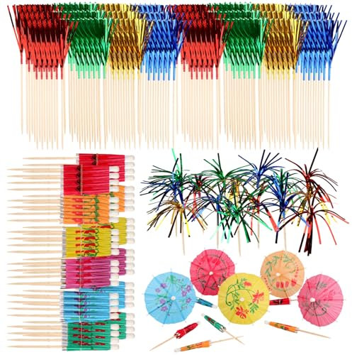 200 Piezas Decoración de Cóctel, contiene 150 Piezas Palillos de Cócteles de Fuegos Artificiales, 50 Piezas Paraguas de Cóctel, para Cumpleaños Boda Fiesta Bebidas, Tartas y Frutas