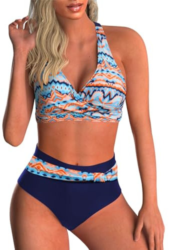 Adigaber Damen Zweiteiliger Badeanzug V Ausschnitt überkreuztes Blumenmuster Bikini Bademode Bauchkontrolle Bikini Sets