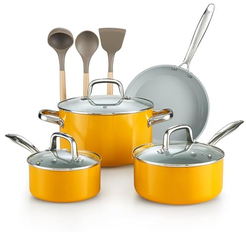 Cook N Home Pots and Pans Set Non Stick, 10-Piece Hard Anodized Nonstick Healthy Ceramic Cookware Set, Induction Cookware Cooking Set with Stay-Cool Handles, Nylon Kitchen Utensils, Yellow
