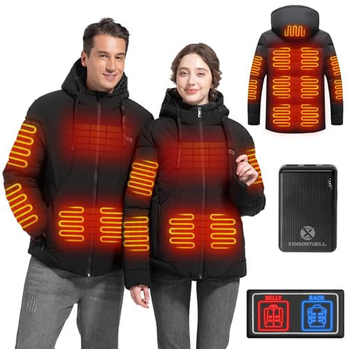 XINSONYUELL Beheizbare Jacke mit Powerbank für Herren und Damen, Winter Heizjacke mit 3 Einstellbar Temperatur und 11 Zonen Heizung, Wasserdicht Winddicht Jacke mit Heizung Outdoor