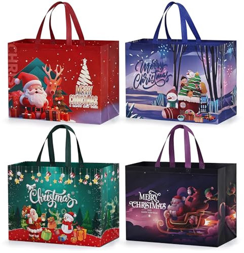 BBLIKE 4 Sacchetti Regalo Natale Grandi – 43 x 32,5 x 18 cm, Sacchetti di Natale non Tessuti con Manici, Sacchetti Regalo di Natale con Babbo Natale, Alce, Design albero di Natale