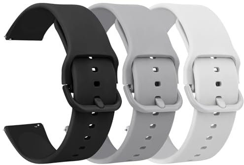 Oumida 3 Pièces 20mm 22mm Bracelet de montre en silicone, Colorée Sport Silicone Souple Bracelet en Dégagement Rapide avec boucle pour Femme Homme, 20mm(Noir+Blanc+Gris)