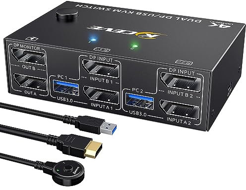 8K Displayport KVM Switch 2 Monitors 2 Computers 8K@30Hz 4K@144Hz, MLEEDA Dual Monitor KVM Switch for 2 Computers Share 2 Monitors and 4 USB 3.0 Device,Wired Remote and 2 USB Cables Included