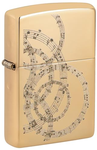 Zippo Windproof Lighter, Musical Notes Design – Gold in High Polished Brass with Colour Image – Refillable, Reusable, Windproof Design – Comes in Gift Box – Made in USA
