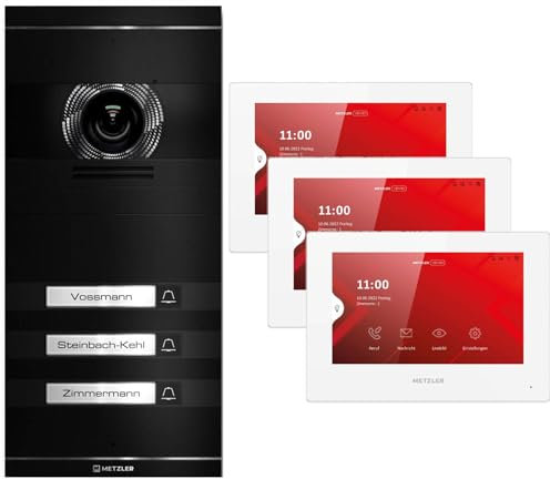 Metzler VDM10 2.0 Video Sprechanlage Komplett Set mit austauschbarem Namensschild - Anschluss 2-Draht - Türsprechanlage mit HD-Kamera und Bildschirm für 3 Familienhaus, in Schwarz aus V2A Edelstahl