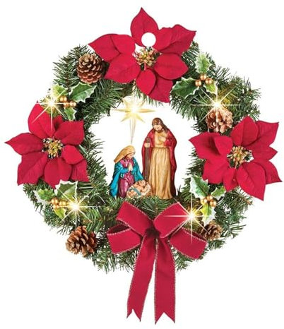 Tiuyii Ghirlanda natalizia con presepe della Sacra Famiglia, cartello natalizio per porta d'ingresso, presepe religioso, decorazione per porta di Natale, decorazione per casa, finestra, parete