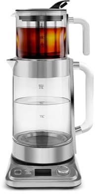 Karaca X Refika XL Automatischer Teekocher & Caydanlik, 2L Wasserkocher & 0,8L Glasteekanne, Multi-Temperatursteuerung, Eco-Modus, Wasserkocher Teemaschine für Familie & Gäste, Chrom