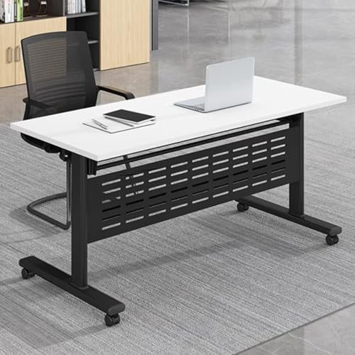 Faltbarer Konferenztisch aus Holz mit Rollen, beweglicher Besprechungstisch, Edelstahl-Bein und Holzschreibtisch, Gewichtskapazität 104 kg, Schwarz (140 x 61 x 76 cm)