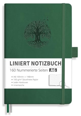 RETTACY Notizbuch klein, DIN A6 Liniert mit 160 Seiten, 100 g/m² Papier, Hardcover Heft für Schule, Uni und Reise, Dunkelgrün(105 x 148mm)