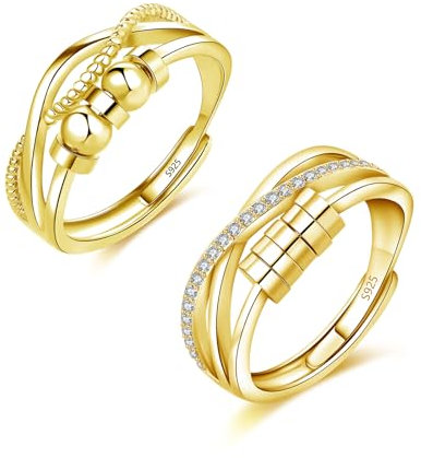 Deyanse Anxiety Ring Silber, 925 Sterling Silber Anti-Stress Ringe mit Perlen, 2PCS Offen Einstellbar Angst Ringe Set, Unendlichkeit Damen & Herren Paar Dekompressionsringe, Unisex Spinner Fidget Ring