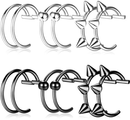 ZPTEE Fake Lip Piercing & Fake Nose Ring Set, 12 Pcs Clip-On Non-Piercing Hoops for Women & Men | Stainless Steel Fake Piercing Rings/Ear Cuffs, 3 Styles (Spike/Ball/Plain), Silver & Black