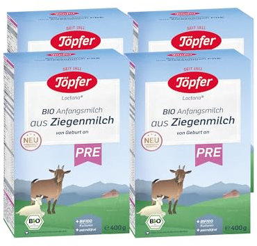 Töpfer Bio Pre Anfangsmilch aus Ziegenmilch - 4 x 400g Milchpulver - Babynahrung zum Zufüttern - Mit kontrollierten Zutaten in Bio-Qualität