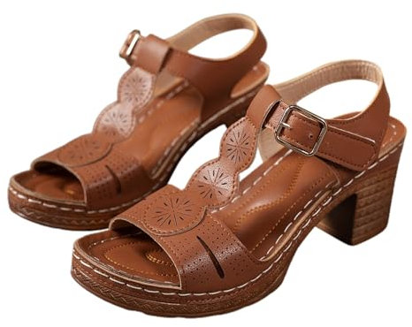 Stivali da donna, taglia grande, larga, comodi sandali estivi da donna, punta aperta, tacco spesso, con fibbia, stile casual, per uso con scarpino nero aperto, marrone, 43 EU