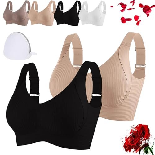 HOPASRISEE Women's Ribbed Push up Adjustable Wireless Bra, Wire-Free Non-Marking Skin-Friendly Push-Up Bra (UK, Alpha, L, Regular, Regular, 2pcs-B)