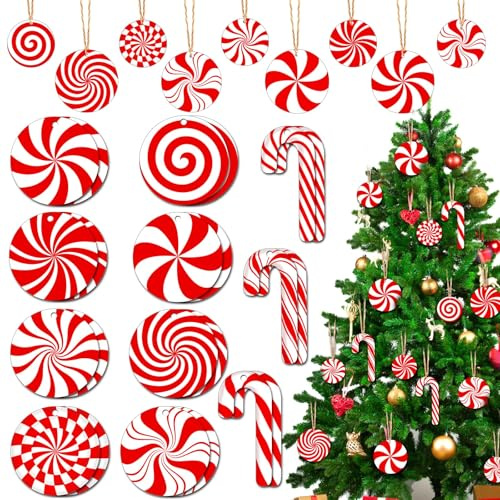 XIMISHOP 38 Pieces Wooden Candy Cane Ornaments，Red White Christmas Wooden Candy Peppermint Hanging Ornaments Pendants for Xmas Tree Hanging Decorations