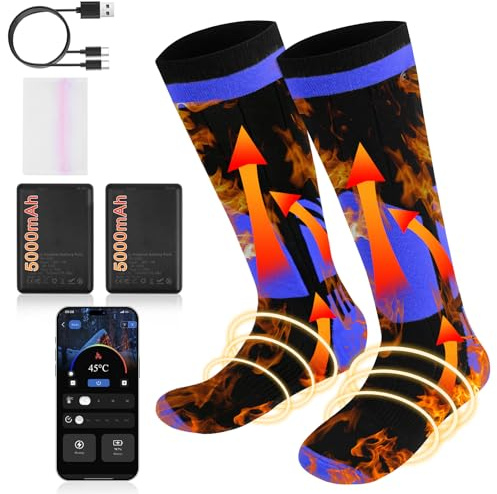 Beheizbare Socken,Beheizte Socken Herren Damen 5000mAh Akku Elektrische Wärmesocken,Wiederaufladbaren Heizsocken mit APP or Fernsteurung,Geeignet für Outdoor Skifahren Camping (Schwarz-Blau)