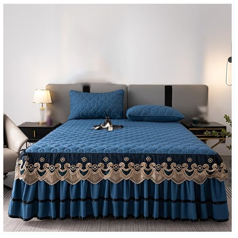Parure de lit brodée avec taie d'oreiller - Ajustement sûr à 360° pour chambre à coucher haut de gamme et hôtel - Bleu foncé - 180 x 200 cm