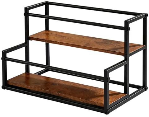 Calolin 2-Tier Coffee Syrup Rack Organizer, 16.9 in Wood Shelf Spice Rack with Metal Frame, Space-Saving Stepped Design, for Kitchen Countertop, Coffee Bar, Black & Wood