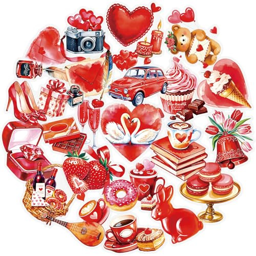 Love Heart Stickers Romantic Red Scrapbook Journal Envelope PET Decals | 56 Romantic Red Heart Designs, Self Adhesive Clear Decals For Journal Planner Gift Wrapping Envelope Laptop Water Bottle