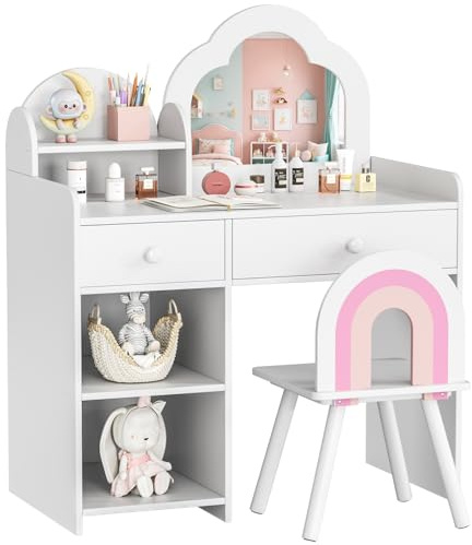 MAMIZO Kinder Schminktisch mit Spiegel, für Kita Kindergarten Rollenspiel | Wolkenförmiger Schminktisch Kinder Set mit Hocker und Schubladen, Prinzessin Frisiertisch für Mädchen ab 3, Weiß, 74x40x91cm
