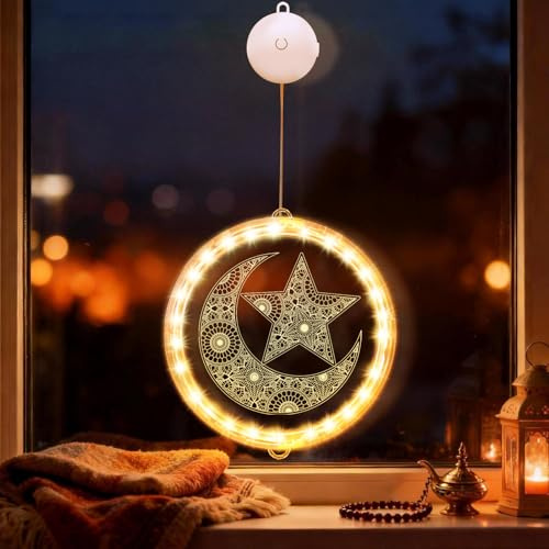 Ramadan Deko LED Fenster Licht,Ramadan Lichterkette Mond Sterne Fensterdeko Hängend Beleuchtet,Eid Mubarak Dekoration Fensterlichter mit Saugnapf & Timer,Mond Schloss LED Fensterbeleuchtung für Innen