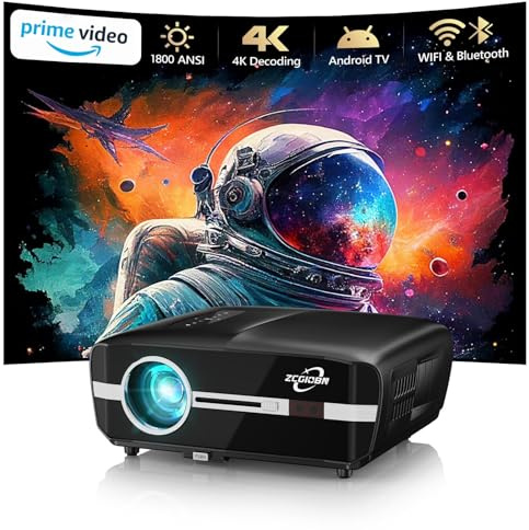 Ultra HD Daylight Projector 1800 ANSI Auto Focus,Smart 4K Daytime Projector Home Cinema with Android TV,WiFi 6 Bluetooth 5.2,HDR10,300″Display,HDMI USB WLAN for Outdoor Movie Night Gaming Bedroom