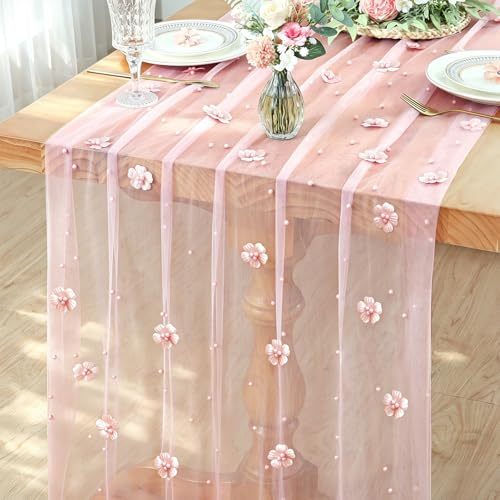 Tüll Perlen Tischläufer Weiß 75x300 cm Blumen Tischläufers Tischdecke | Hochzeit Chiffon Gaze Käsetuch Tischläufer Sommer Tischdeko Küche Tisch Dekoration Drinnen Urlaub Geburtstag Party Dekor