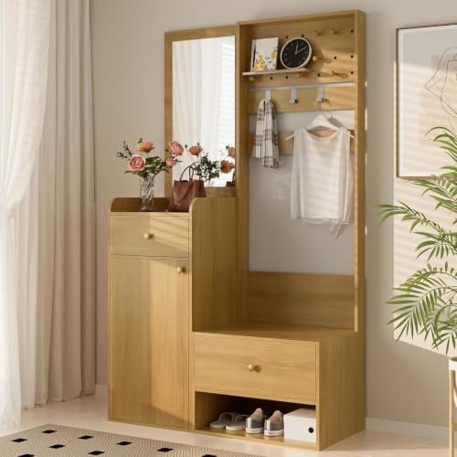 kaoices Garderoben-Set mit Spiegel | Schuhbank & Schublade – Moderne Wandgarderobe 105x180 cm, Kompaktgarderobe Holzoptik mit Regal & Haken