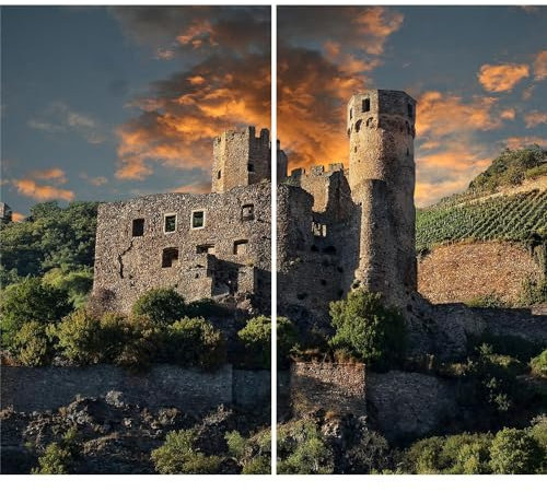 DAMU Ceramic Hob Cover 2 Pieces 2 x 30 x 52 cm Hob Cover Landscape Electric Hob Induction Hob Protector Splash Guard Glass Plate Chateau Chateau