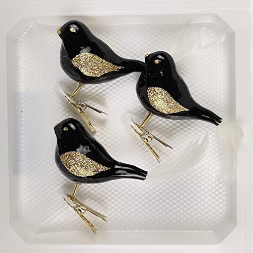 3 TLG. Glas Vogel Set in Hochglanz-Schwarz-Gold - Edle Neuheit - Christbaumkugeln - Weihnachtsschmuck-Christbaumschmuck