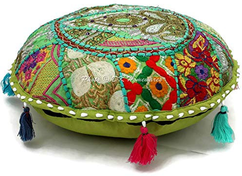 DK Homewares Traditionell Baumwolle Bodensitzkissen bodenkissen bezug 45x45 Bohemian Papagei grün Patchwork Gestickt Wohnkultur Rund Vintage Sitzkissen Stuhl - 18x18 Inch