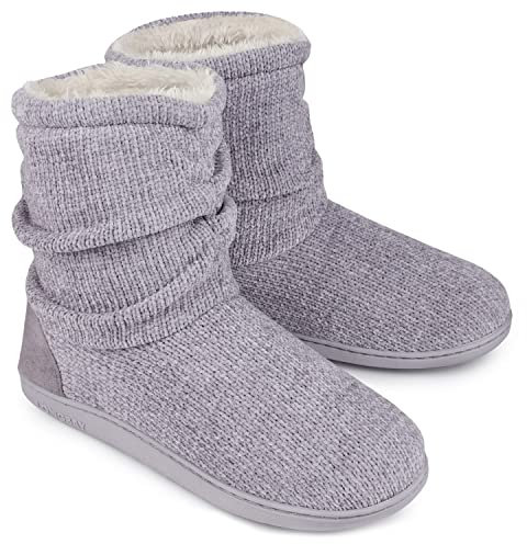 Ladies Bootie Slippers Memory Foam Fur Collar Bootee Plush Lined Women Boots with Non Skid Indoor Outdoor Sole, 3/4 UK, New Grey