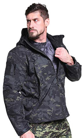 Ketamyy Taktisk kamouflagejacka för män vattentät softshell-fleecefoder höst vinter utomhus vandring jakt bergsklättring regntäta jackor med huva, Svart CP, L