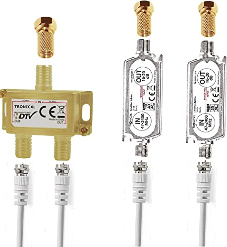 TronicXL Premium 2-Fach Antennenverteiler Splitter mit 40dB (2 x 20dB) Sat Verstärker digital HD I für Satellit TV DVBT DVBS Unicable 3D 4K HDTV I Verteiler Weiche Inline für 2 Fernseher