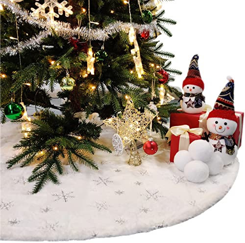 Climafusion Christmas Tree Skirt, 122cm / 48 Inch Large White Christmas Tree Skirt Decorations with Silver Snowflake, Xmas Faux Fur Tree Skirt, Christmas Decorations for Holiday Tree Ornaments