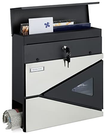 Relaxdays Briefkasten, Zeitungsfach, modern, Sichtfenster, abschließbar, Postbox HBT 37x37x11 cm, Stahl, schwarz/silber